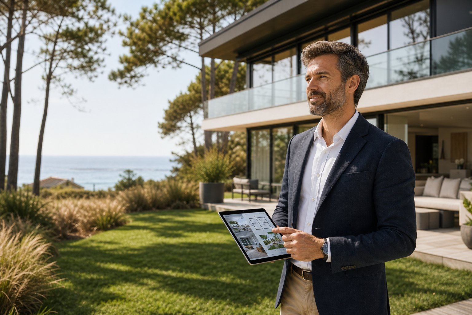 Agent immobilier à Hossegor utilisant une tablette devant une maison contemporaine