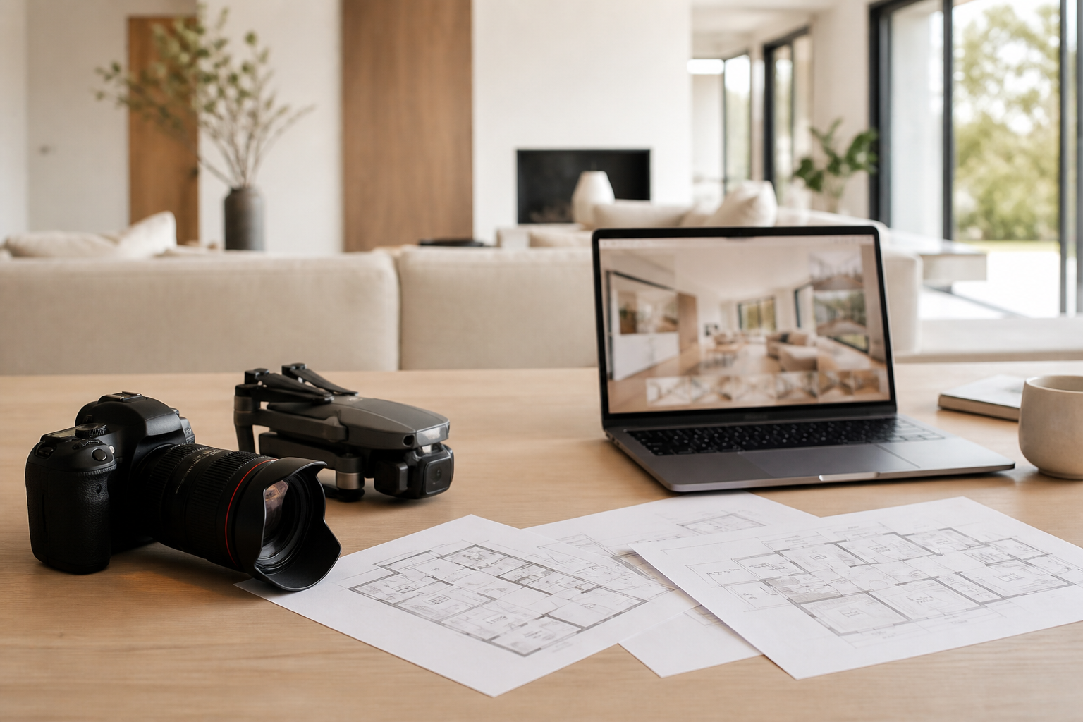 Matériel photo, drone et ordinateur pour préparer une annonce immobilière