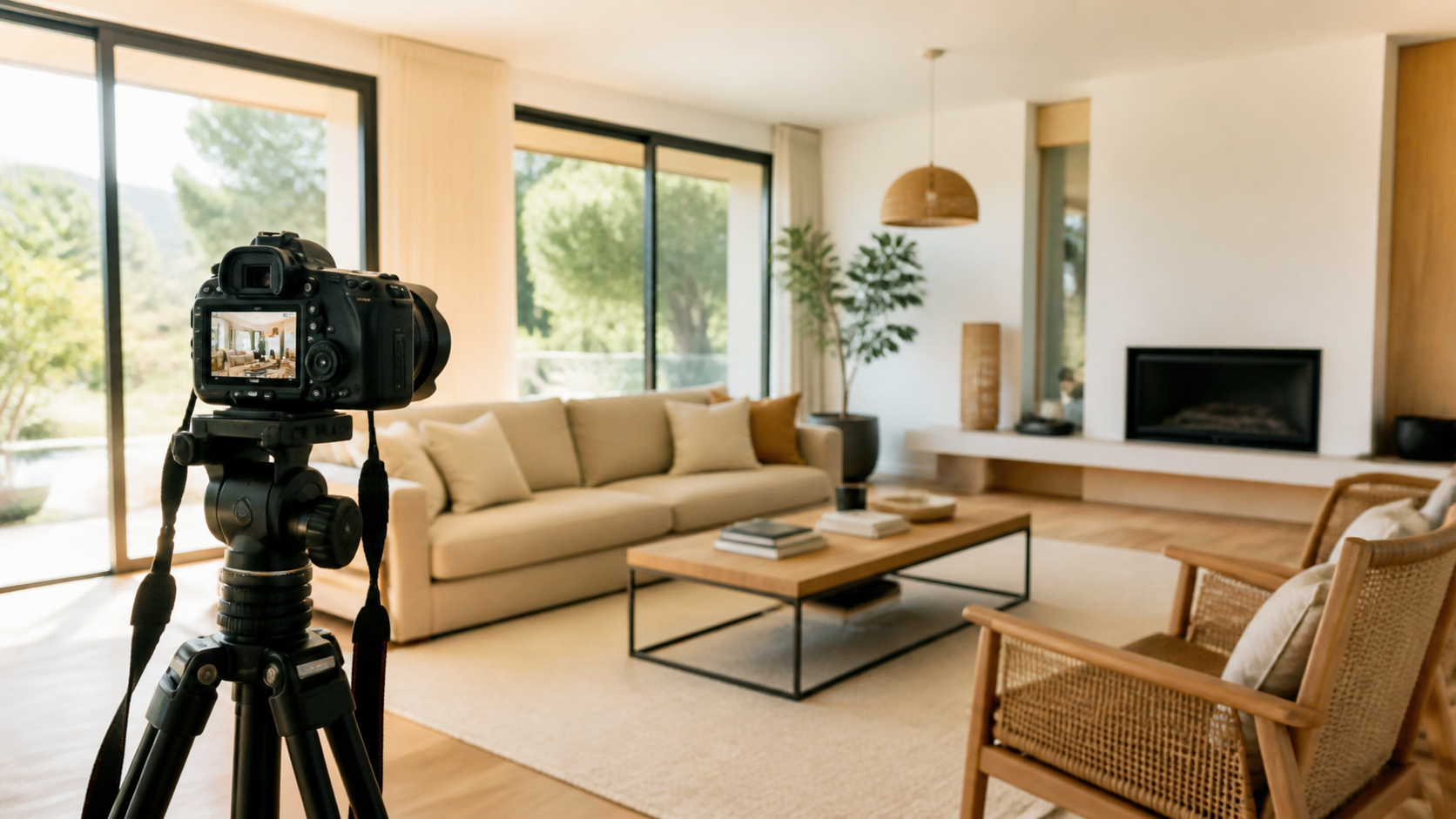 Appareil photo sur trépied dans un salon lumineux préparé pour une annonce immobilière