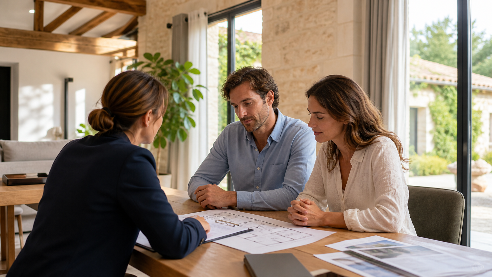 Rendez-vous d’estimation immobilière autour de plans et documents de vente