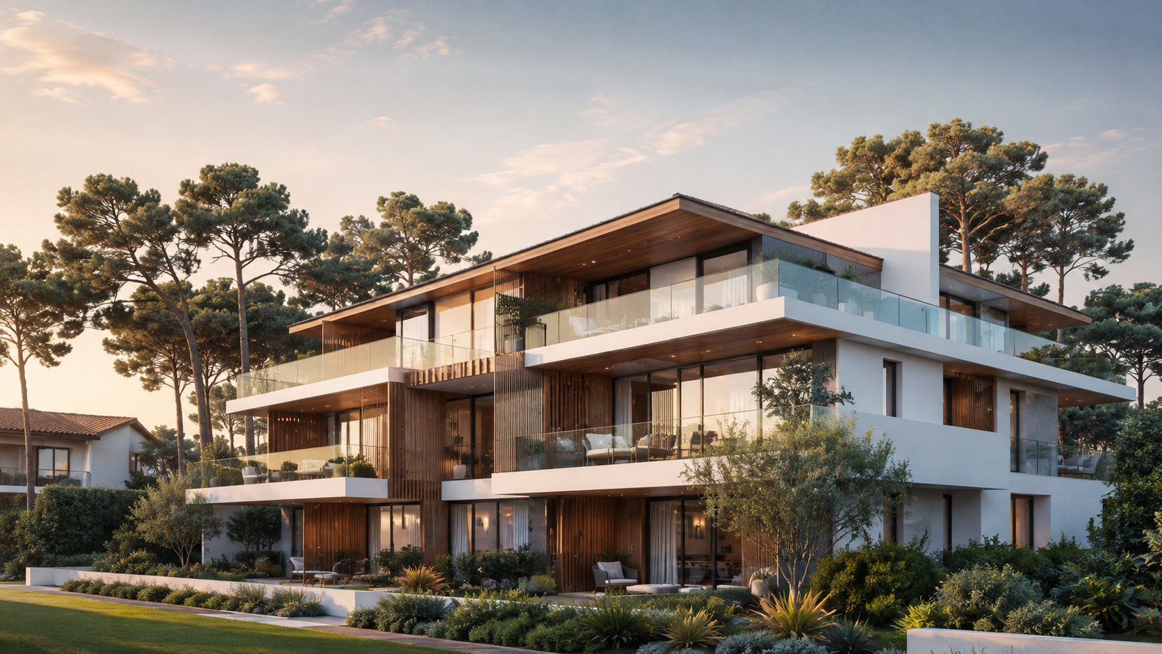 Résidence neuve contemporaine avec terrasses dans un environnement de pins à Hossegor