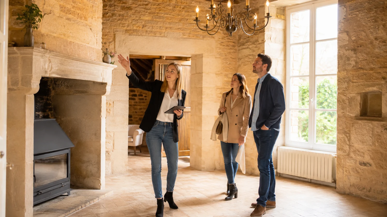 Acheteurs visitant une maison en pierre dans le cadre d’un achat immobilier à Sarlat