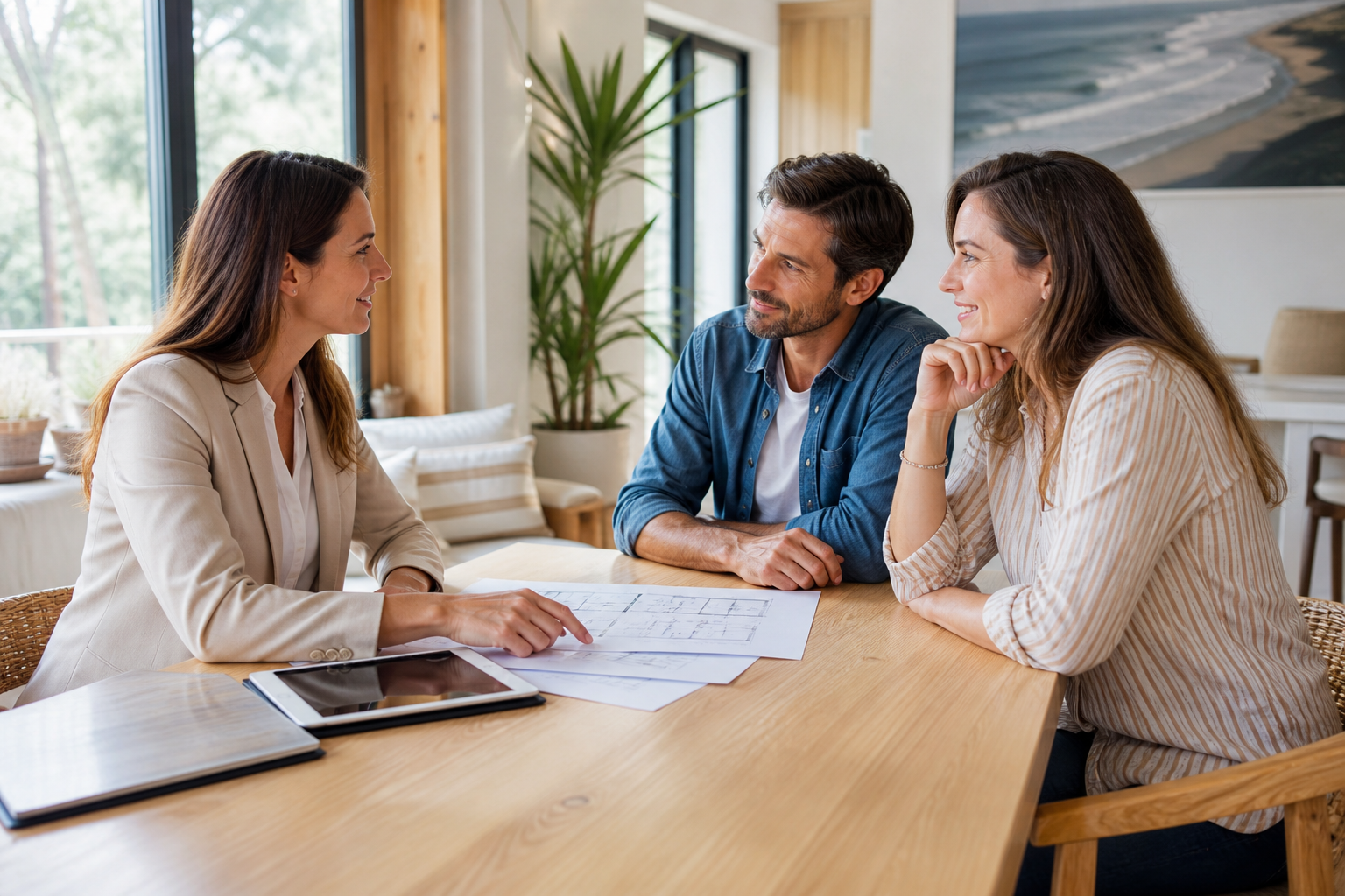 Vendeurs échangeant avec une agente immobilière autour d’un plan de maison